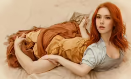 a woman laying on a bed with brown sheets