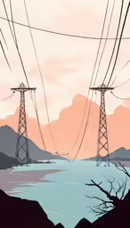 two electric wires, with a lake in the foreground