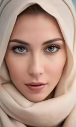 a woman with blue eyes and a scarf over her head