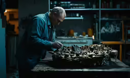 a man working on something in a dark room