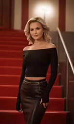 a woman is standing on a set of stairs