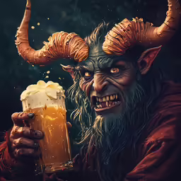 horned man with a drink and a large horns on his head
