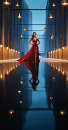 woman in a red dress standing outside an elegant building