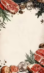 a background with food items, such as meats and vegetables