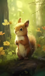 a painting of a squirrel with its paw in its lap looking out over a wood,a little squirrel that is sitting on top of a log