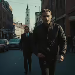 two people are walking down the road by cars