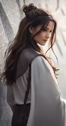 a woman with long hair in a medieval dress is walking away from the camera