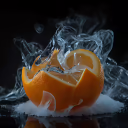 the orange has smoke coming from it and is half eaten
