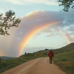 there is a man walking in the dirt road