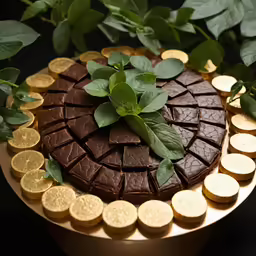 a cake with lots of gold coins around it