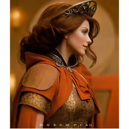 a woman with a tiara and orange outfit