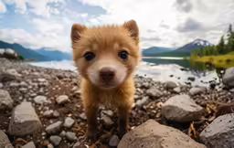 the small puppy is looking at the camera