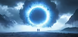 two people standing in the midst of a blue circular object
