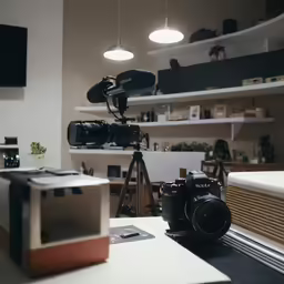 a camera is attached to a tripod in a photo studio