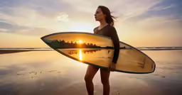 the woman is holding her surfboard while walking across the beach