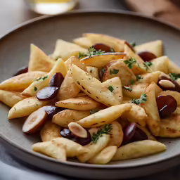 a plate filled with french fries and olives