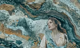 the woman is standing in front of a rock