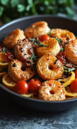 close up shot of a bowl of food with bread, tomatoes and spices