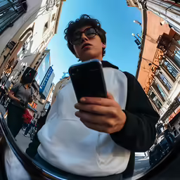 a young man looks at his cell phone while taking a selfie