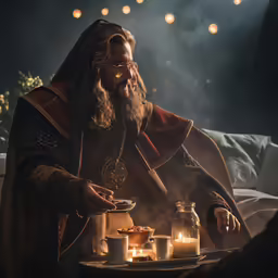 a person wearing a priest outfit and sitting in front of some candles