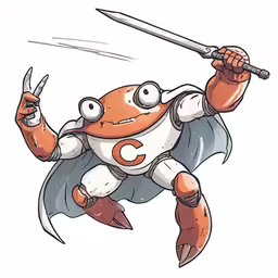 an orange cartoon character holding a sword and wearing a white shirt