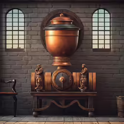 the large gold urn is standing by two small statues