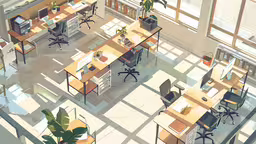 computer desks and plants in an office,an office filled with desks, chairs, and plants
