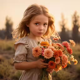 a girl in a field holding a bunch of flowers
