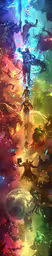 the color and shapes of this painting can be seen through glass,a rainbow photo of a man standing under an umbrella