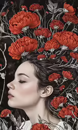 woman with flowers in her hair surrounded by red leaves