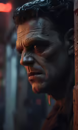 a creepy man looking out from behind a wooden wall