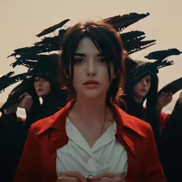 a woman in red jacket surrounded by her hair