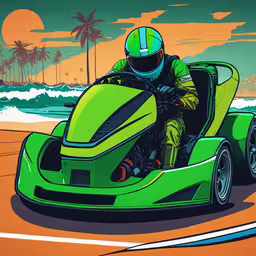 a green and yellow vehicle on the beach,a person on a race car in the street