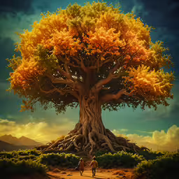 an artistic scene of a giant tree with two men,three people walking under a very tall tree