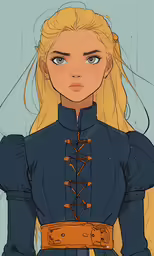the illustration of the blonde girl with the blue dress has no clothes and she is holding her hands behind her