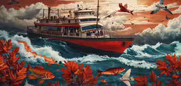 this boat is floating in the ocean with many fish around it,a ship on a choppy sea in the midst of birds