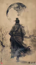 a person with a robe and a hat standing under a full moon,a painting shows a person in a kimono and smoke