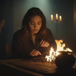 a woman is lightening some fire as it sits on a table