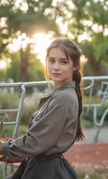 the young woman is sitting on a park bench