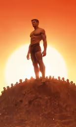 an illustration of a man standing on a rocky area, with an orange and yellow background