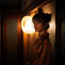 woman standing behind a wooden door and light on her face