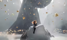 a woman sits on a rock surrounded by large rocks