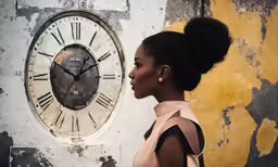 a woman stands with her hand in her pocket in front of a huge clock