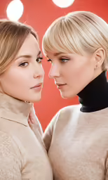 two women in sweaters and a leather neck pad