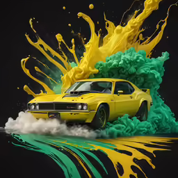 an advertisement of a yellow car in front of green, yellow and black paint