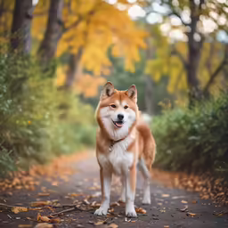 the dog is standing on a small path between some bushes