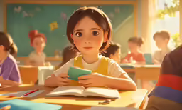 a girl in a school class reading and looking at her computer