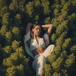 a women who is laying in a bunch of bushes