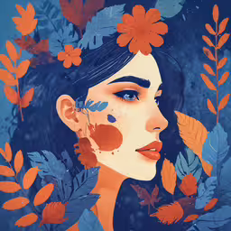 an image of a woman with orange and blue flowers in her hair,woman with flower on her head with leaves surrounding it