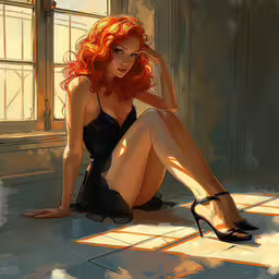 a beautiful red haired woman in lingerie sitting on the floor,woman sitting on floor with red hair and black high heels